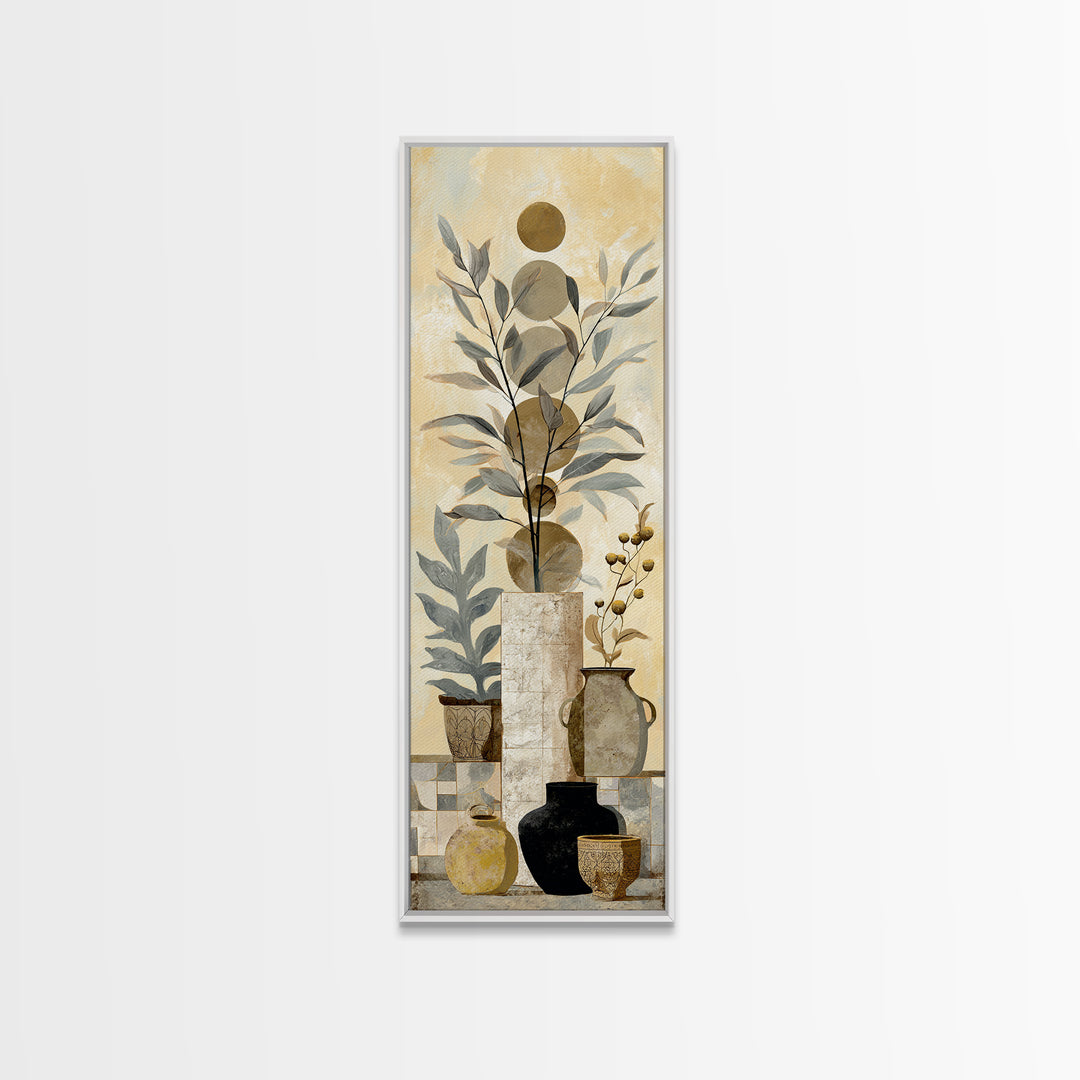 Moon Phases Above Botanical Silhouettes Framed Canvas Print, Boho Art, Living Room Decor, Oil Painting, Bohemian, BOH-1x3-62