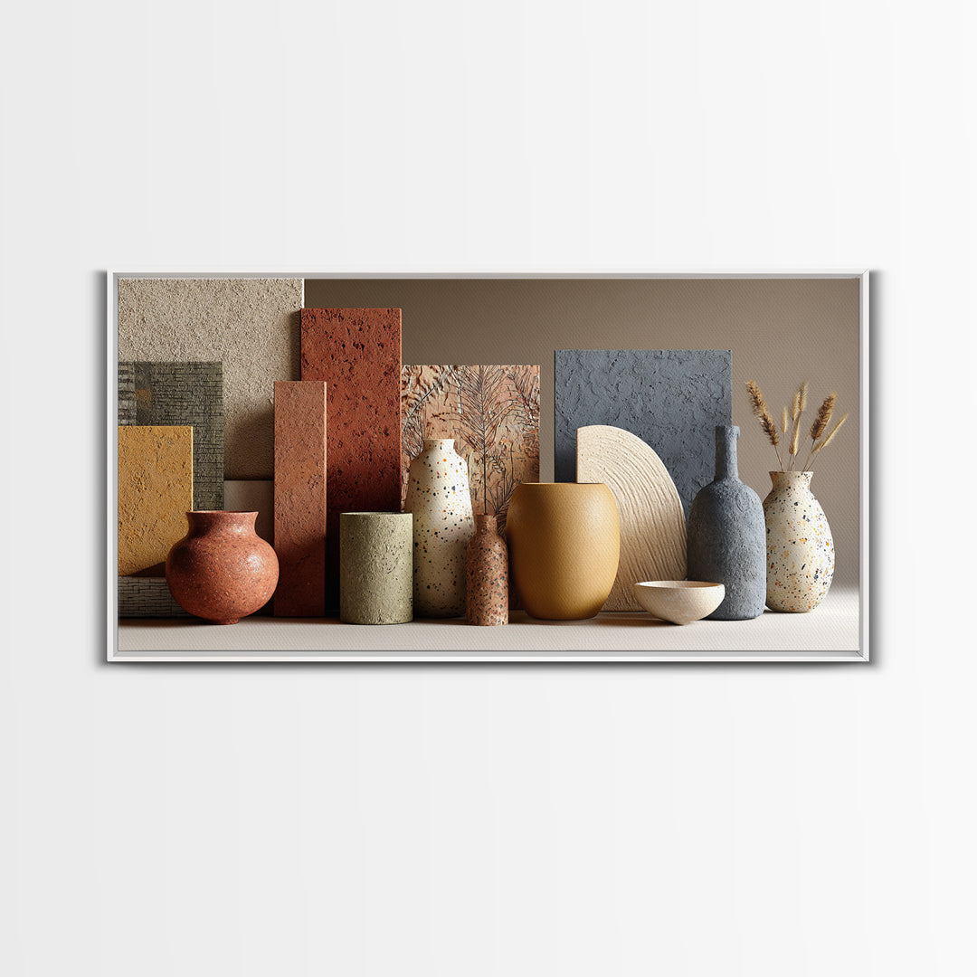 Abstract Clay Shapes Framed Canvas Print, Boho Art, Textured Painting, Living Room Decor, Abstract Art, Bohemian, BOH-2x1-12