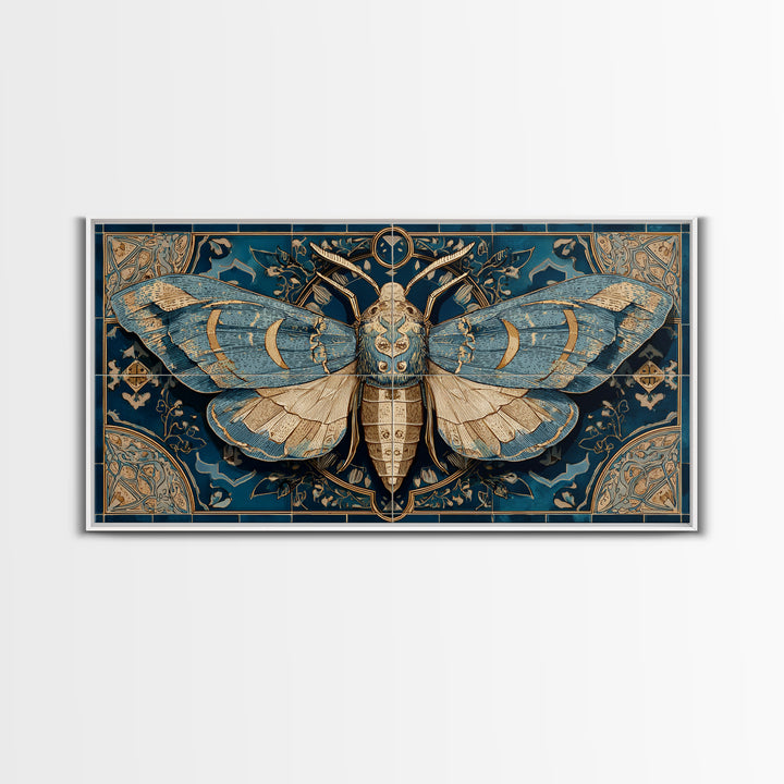 Golden Moth with Moon and Stars Framed Canvas Print, Boho Art, Boho, Living Room Decor, Fine Art, Bohemian, Wall Art Print, BOH-2x1-13