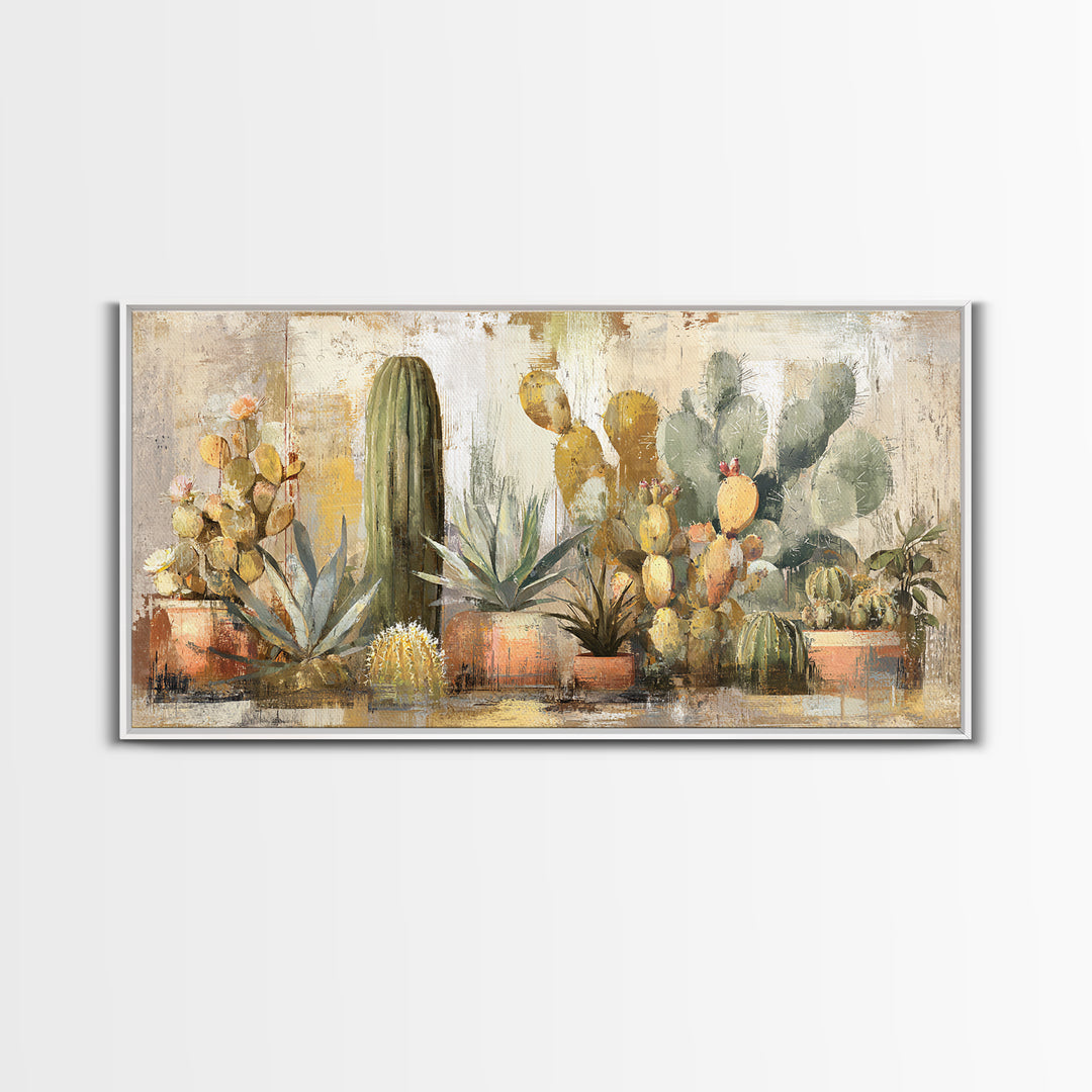 Warm Neutral Cactus Garden Illustration Framed Canvas Print, Boho Art, Living Room Decor, Watercolor Art, Bohemian, BOH-2x1-14