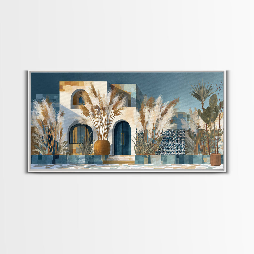 Bohemian Vase with Dried Pampas Grass Framed Canvas Print, Boho Art, Art Nouveau, Living Room Decor, Watercolor Art, Bohemian, BOH-2x1-29