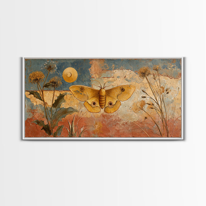 Golden Moth with Moon and Stars Framed Canvas Print, Boho Art, Boho, Living Room Decor, Fine Art, Bohemian, Wall Art Print, BOH-2x1-37