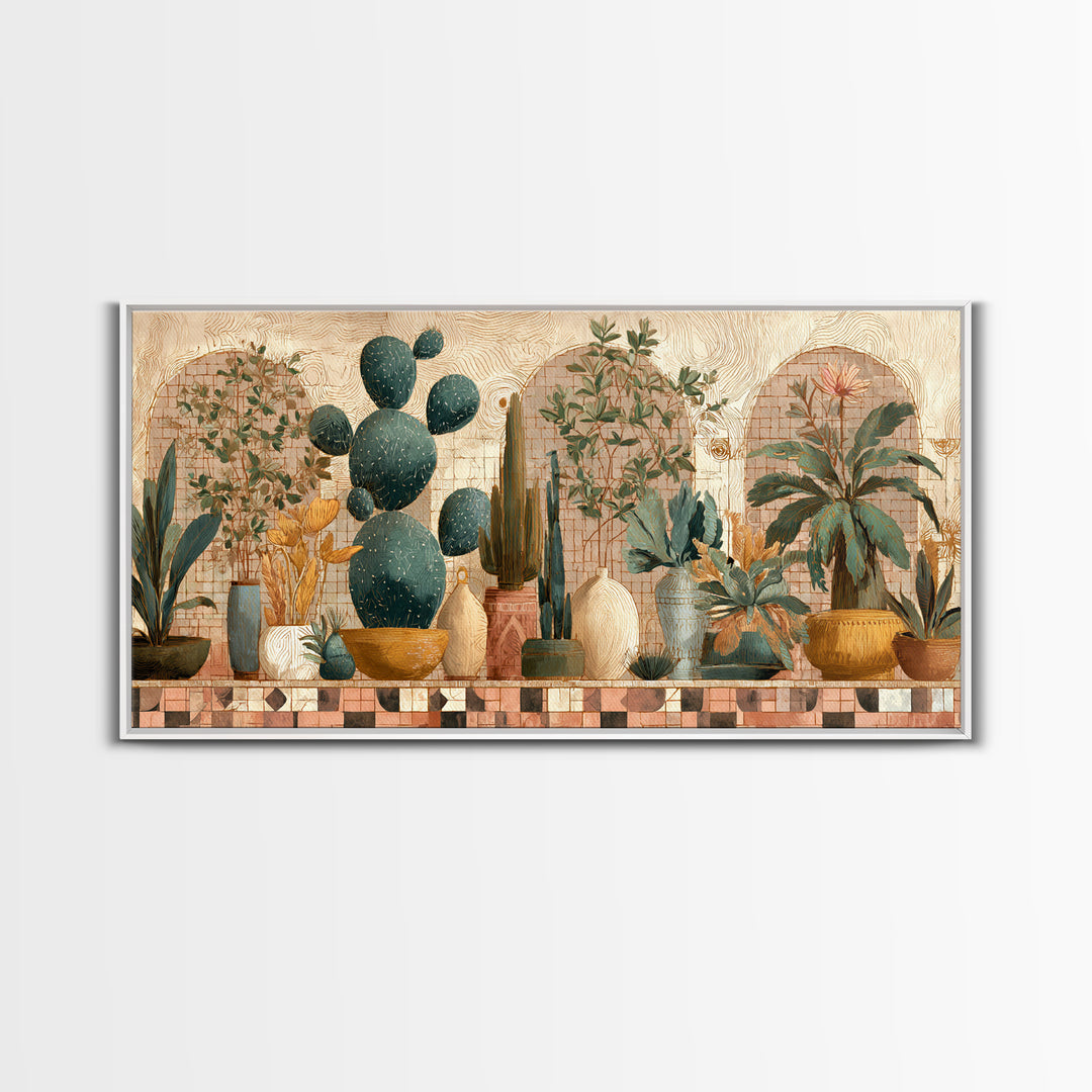 Warm Neutral Cactus Garden Illustration Framed Canvas Print, Boho Art, Living Room Decor, Watercolor Art, Bohemian, BOH-2x1-38