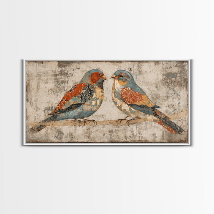 Boho Bird Pair Framed Canvas Print, Boho Art, Wall Decor, Living Room Decor, Fine Art, Bohemian, Art Nouveau, Abstract Art, BOH-2x1-40