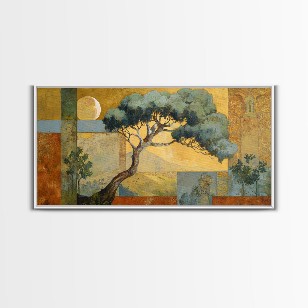 Sage Green Eucalyptus and Crescent Moon Framed Canvas Print, Boho Art, Digital Wall Art, Living Room Decor, Fine Art, Bohemian, BOH-2x1-43