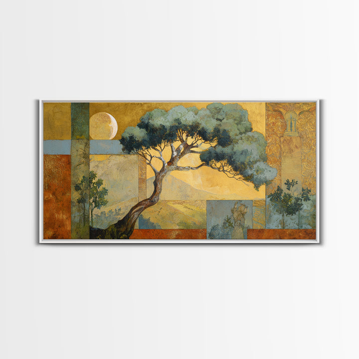 Sage Green Eucalyptus and Crescent Moon Framed Canvas Print, Boho Art, Digital Wall Art, Living Room Decor, Fine Art, Bohemian, BOH-2x1-43