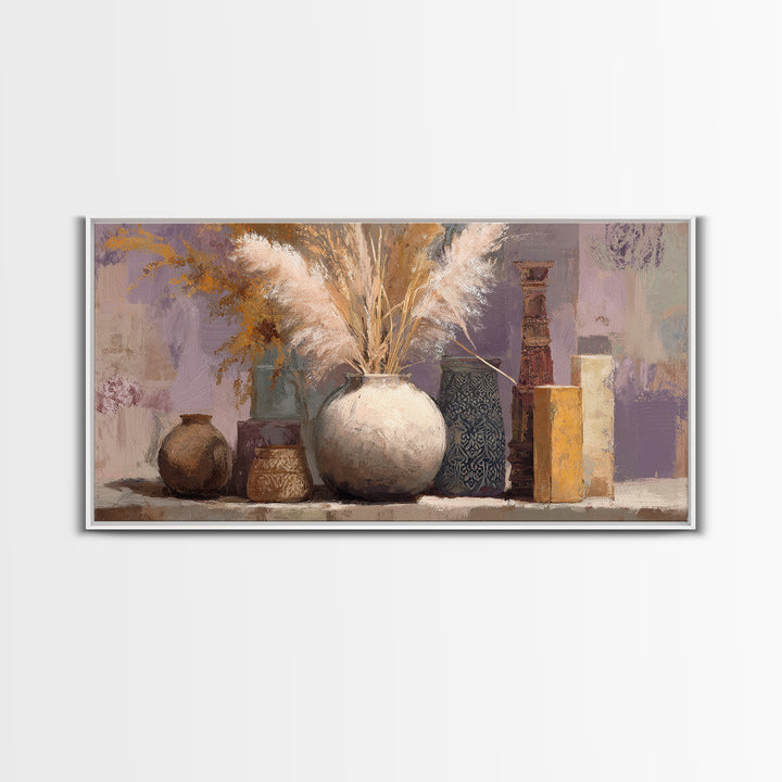 Bohemian Vase with Dried Pampas Grass Framed Canvas Print, Boho Art, Art Nouveau, Living Room Decor, Watercolor Art, Bohemian, BOH-2x1-5