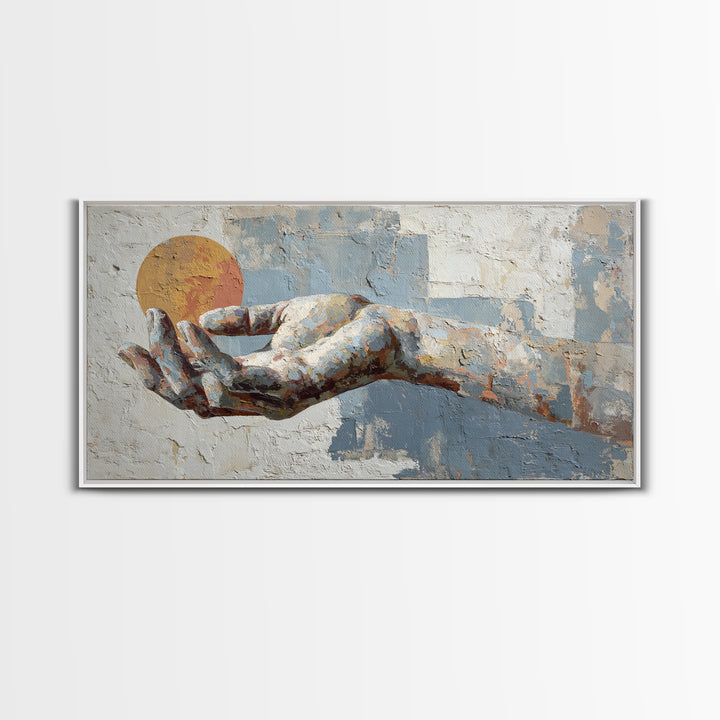 Mystic Hand Holding a Tiny Sun Framed Canvas Print, Boho Art, Printable, Living Room Decor, Bohemian, Abstract Wall Art, BOH-2x1-50