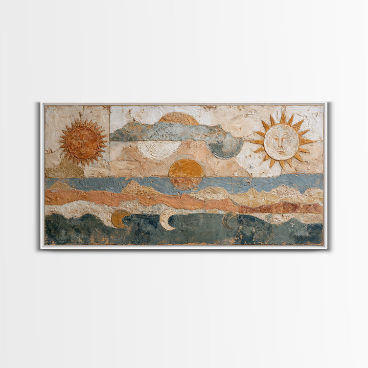 Sun and Moon Celestial Folk Motif Framed Canvas Print, Boho Art, Wall Decor, Living Room Decor, Fine Art, Bohemian, Art Nouveau, BOH-2x1-6