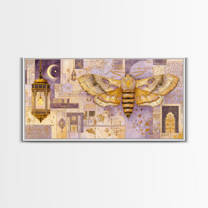 Golden Moth with Moon and Stars Canvas Print, Boho Art, Canvas Art, Living Room Decor, Fine Art, Bohemian, Wall Art Set, BOH-2x1-61