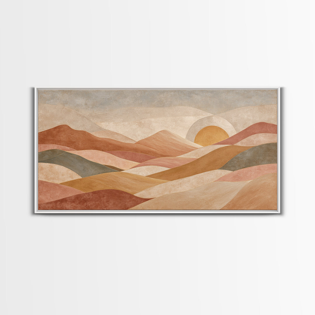 Sunrise over Rolling Dunes in Muted Peach Framed Canvas Print, Boho Art, Living Room Decor, Abstract Art, Bohemian, BOH-2x1-65