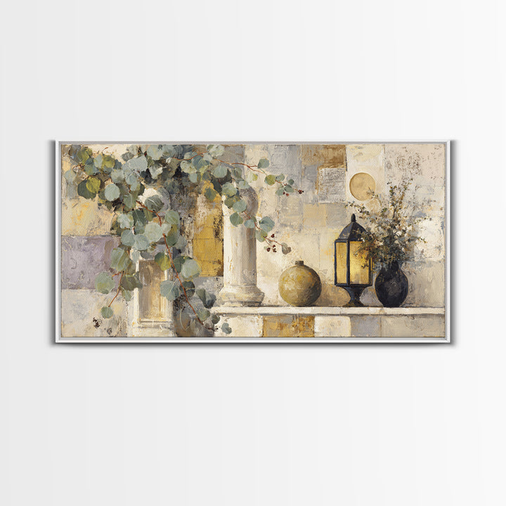 Sage Green Eucalyptus and Crescent Moon Framed Canvas Print, Boho Art, Fine Art Print, Living Room Decor, Fine Art, Bohemian, BOH-2x1-67