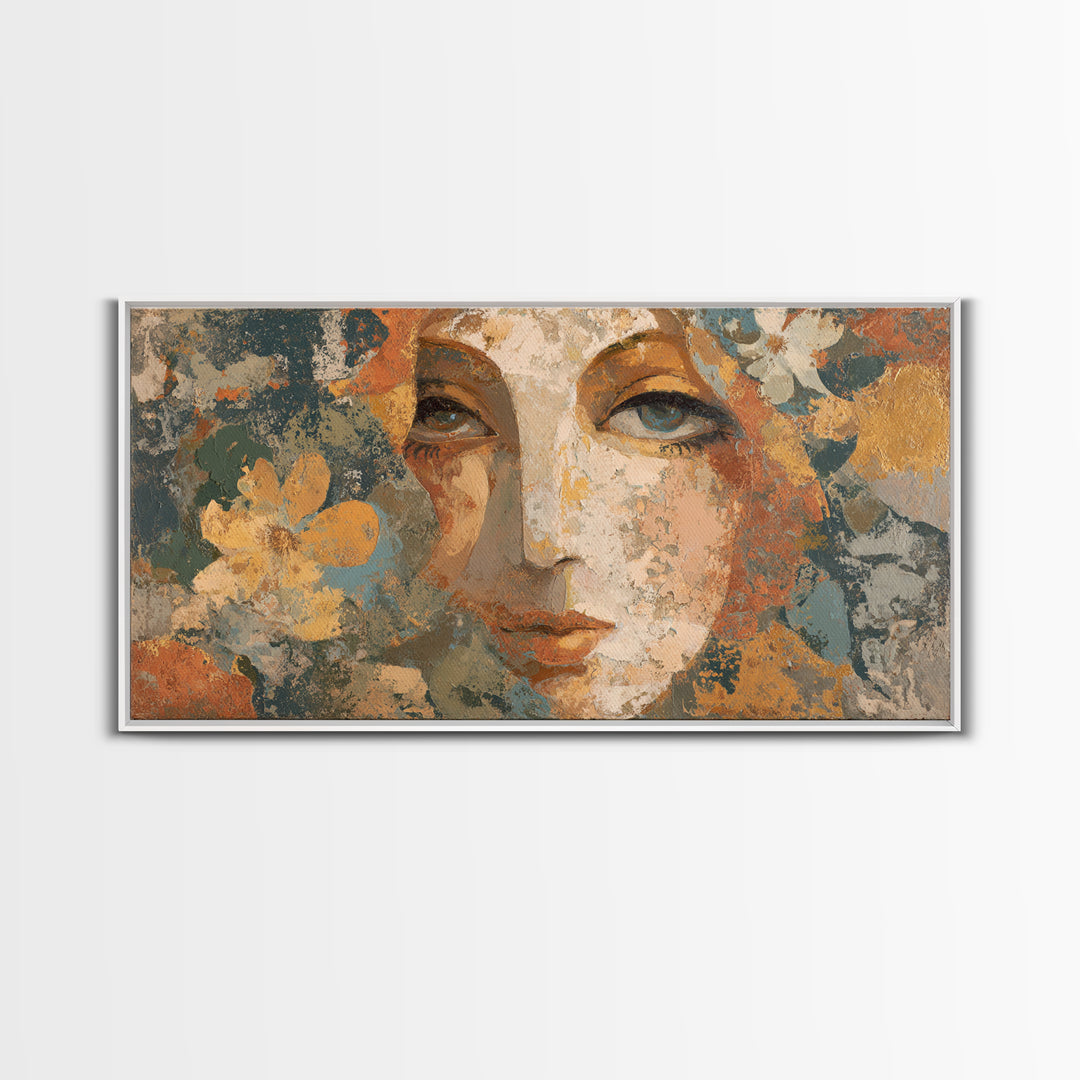 Abstract Female Face Framed Canvas Print, Boho Art, Digital Wall Art, Living Room Decor, Watercolor Art, Bohemian, Garden Art, BOH-2x1-72