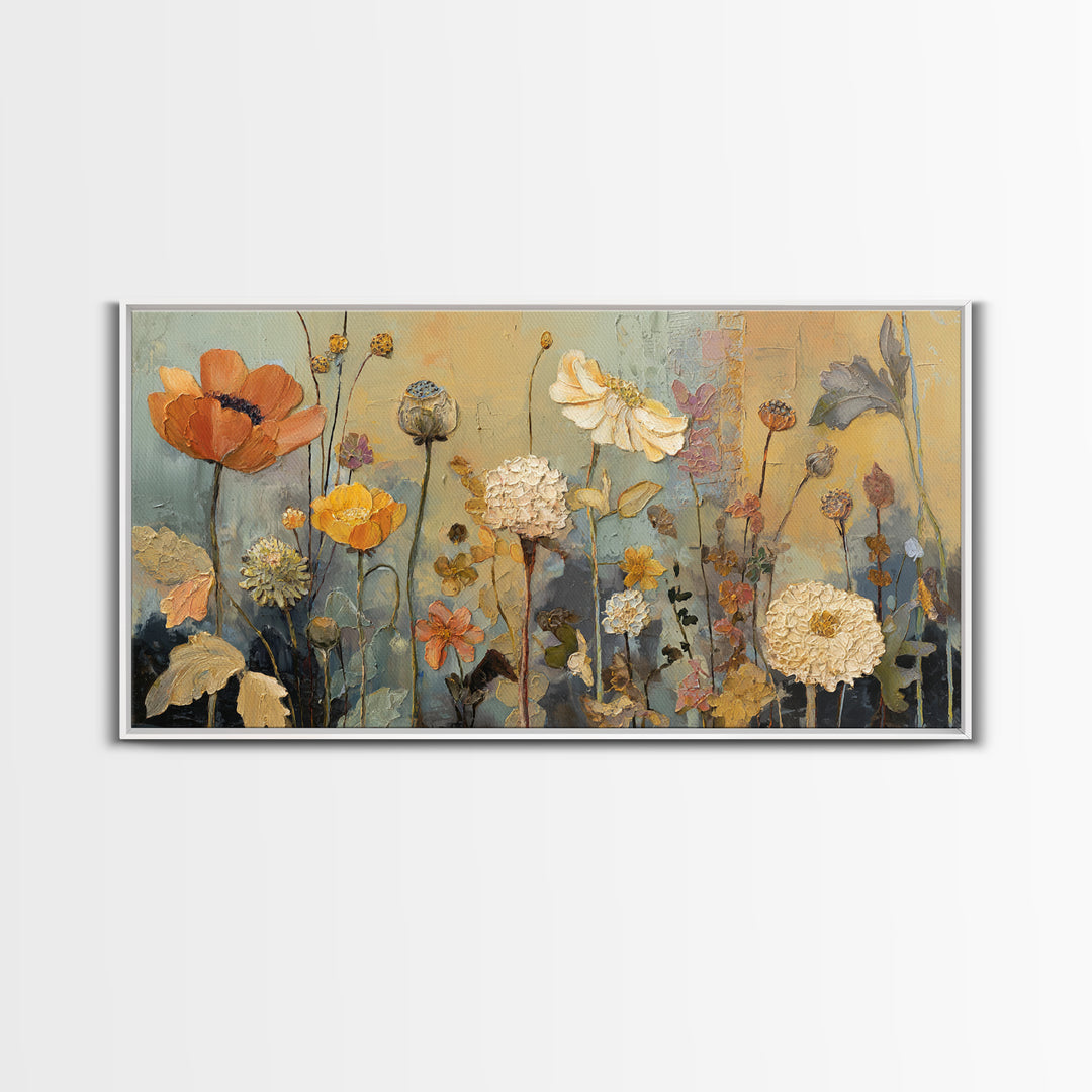 Burnt Orange Floral Field at Sunset Framed Canvas Print, Boho Art, Boho Wall Art, Living Room Decor, Fine Art, Bohemian, BOH-2x1-81
