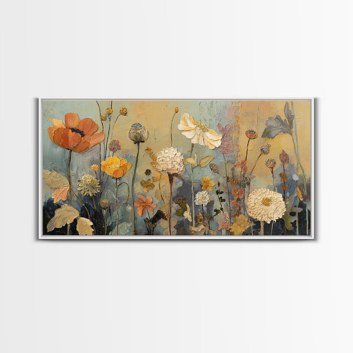 Burnt Orange Floral Field at Sunset Framed Canvas Print, Boho Art, Boho Wall Art, Living Room Decor, Fine Art, Bohemian, BOH-2x1-81
