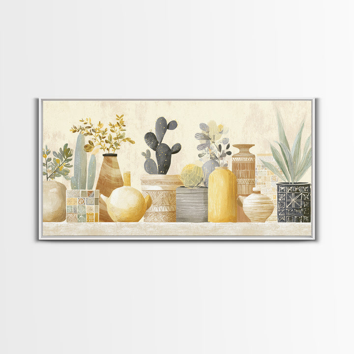 Warm Neutral Cactus Garden Illustration Framed Canvas Print, Boho Art, Digital Wall Art, Living Room Decor, Fine Art, Bohemian, BOH-2x1-86