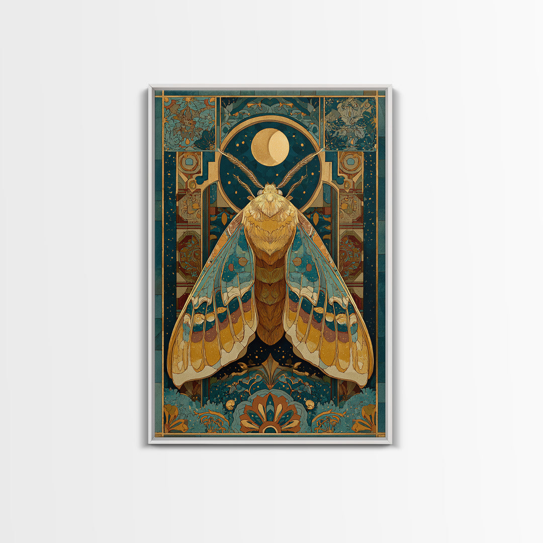 Golden Moth with Moon and Stars Framed Canvas Print, Boho Art, Art Nouveau, Living Room Decor, Fine Art, Bohemian, Wall Print, BOH-2x3-1