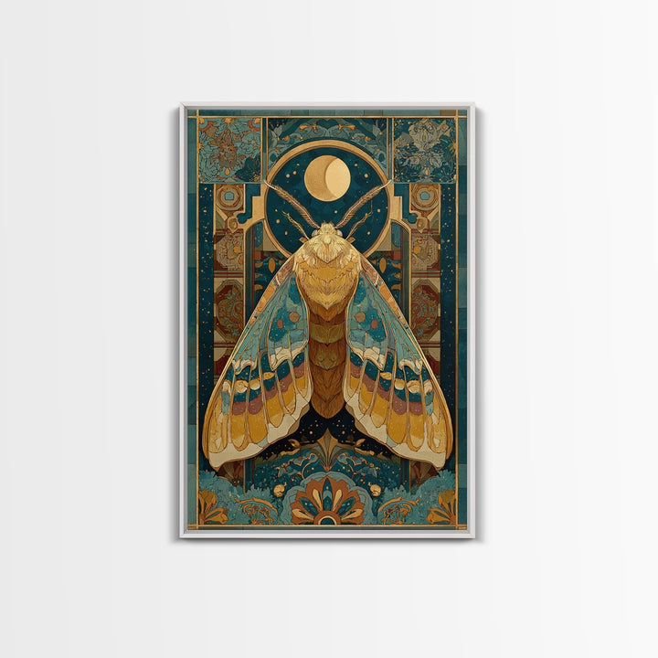 Golden Moth with Moon and Stars Framed Canvas Print, Boho Art, Art Nouveau, Living Room Decor, Fine Art, Bohemian, Wall Print, BOH-2x3-1