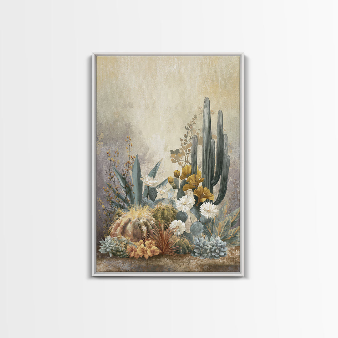 Warm Neutral Cactus Garden Illustration Framed Canvas Print, Boho Art, Wall Decor, Living Room Decor, Fine Art, Bohemian, BOH-2x3-2