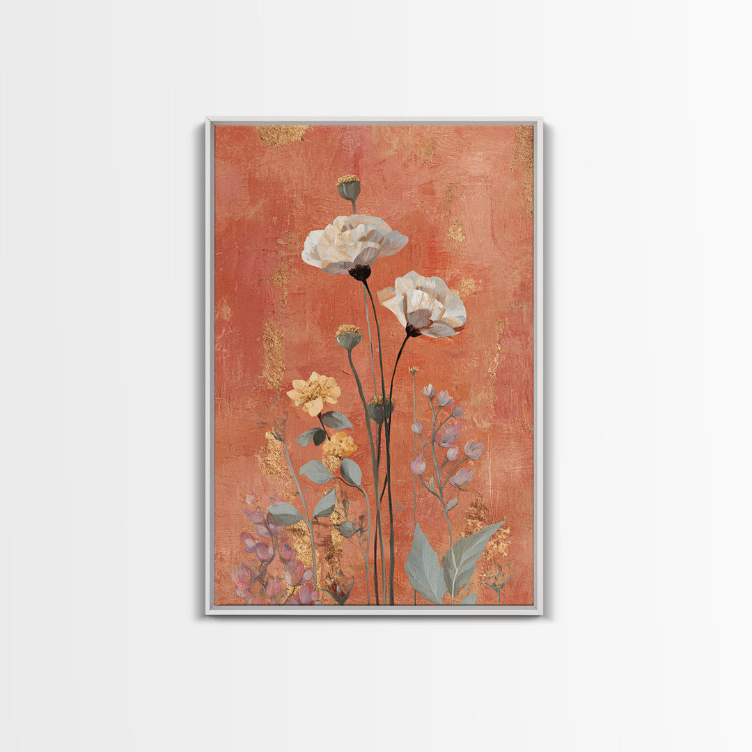 Burnt Orange Floral Field at Sunset Framed Canvas Print, Boho Art, Wallart, Living Room Decor, Bohemian, Living Room Wall Art, BOH-2x3-21