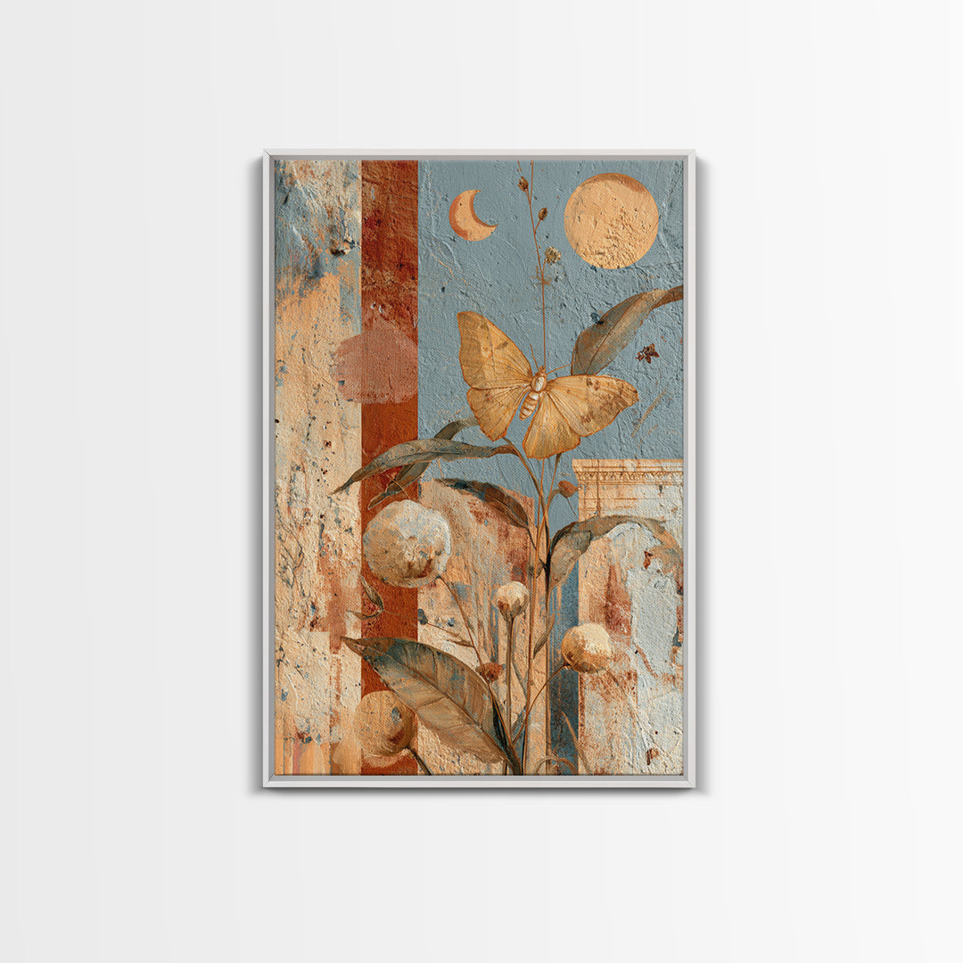 Golden Moth with Moon and Stars Framed Canvas Print, Boho Art, Art Nouveau, Living Room Decor, Fine Art, Bohemian, Wall Print, BOH-2x3-25