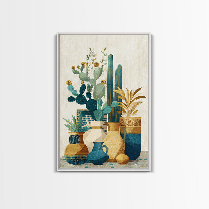 Warm Neutral Cactus Garden Illustration Framed Canvas Print, Boho Art, Wall Decor, Living Room Decor, Fine Art, Bohemian, BOH-2x3-26