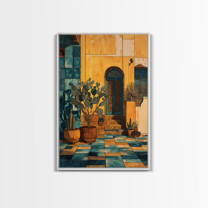 Desert Sun with Cactus and Warm Clay Framed Canvas Print, Boho Art, Garden Art, Living Room Decor, Watercolor Art, Bohemian, BOH-2x3-33