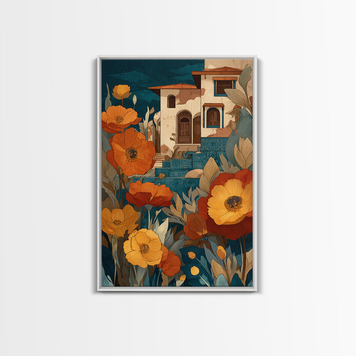 Burnt Orange Floral Field at Sunset Canvas Print, Boho Art, Living Room Decor, Oil Painting, Bohemian, Modern Decor, BOH-2x3-45