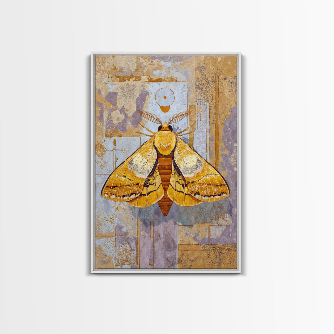 Golden Moth with Moon and Stars Canvas Print, Boho Art, Abstract Wall Art, Living Room Decor, Bohemian, Fine Art Print, BOH-2x3-49