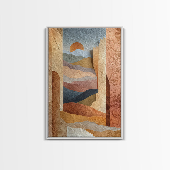 Sunrise over Rolling Dunes in Muted Peach Framed Canvas Print, Boho Art, Boho Wall Art, Living Room Decor, Oil Painting, BOH-2x3-53
