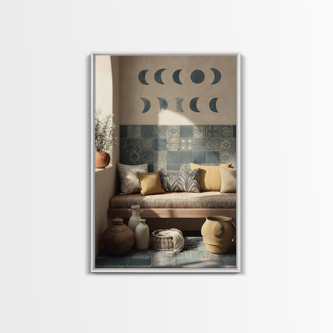 Moon Phases Above Botanical Silhouettes Canvas Print, Boho Art, Abstract Art, Living Room Decor, Bohemian 458, Set of Prints, BOH-2x3-58