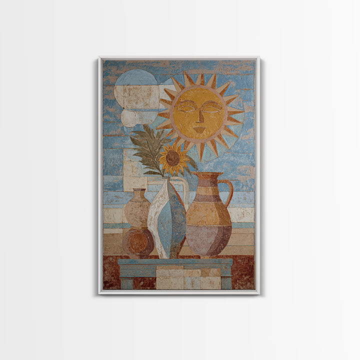 Sun and Moon Celestial Folk Motif Canvas Print, Boho Art, Art Deco, Living Room Decor, Oil Painting, Bohemian, Modern Wall Art, BOH-2x3-66