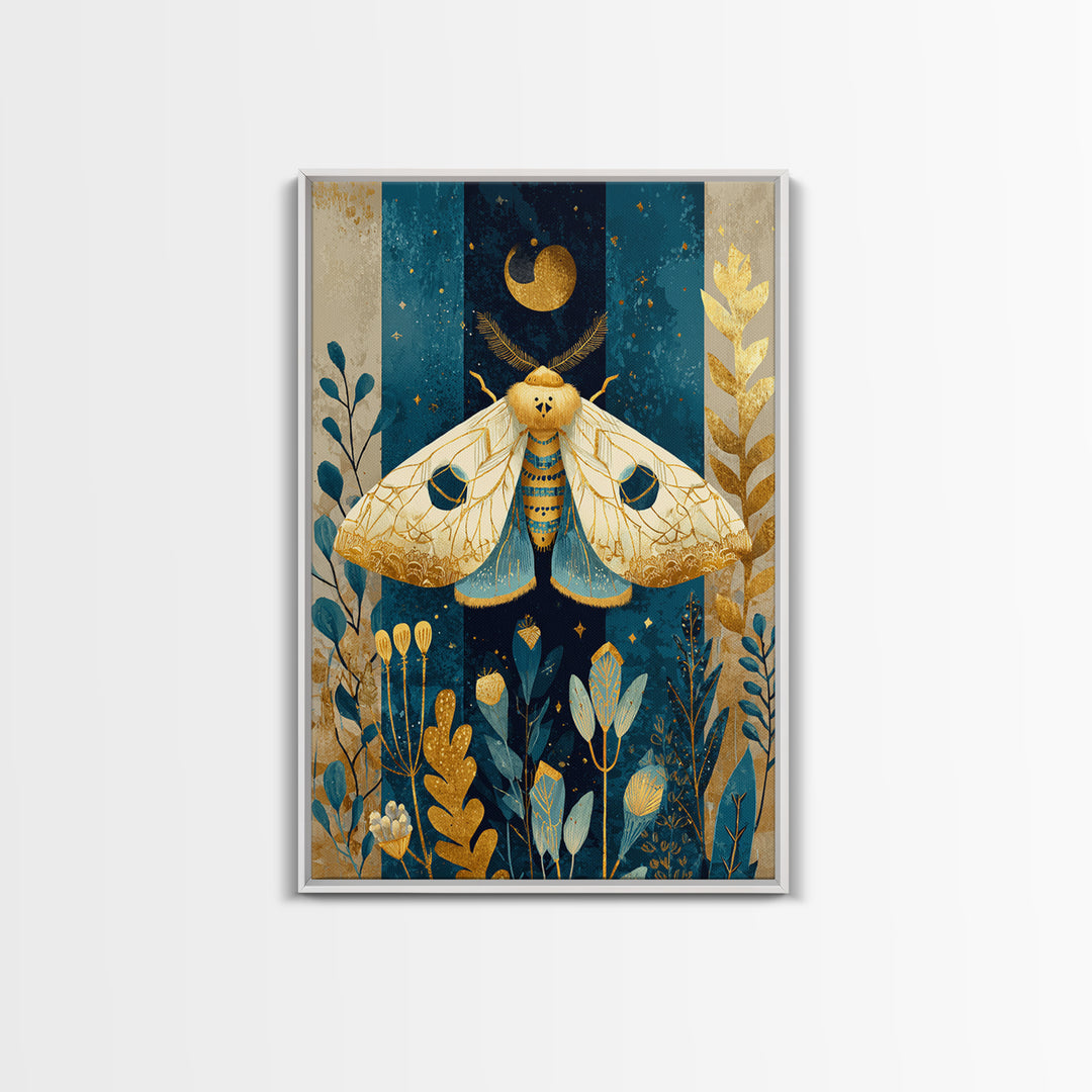 Golden Moth with Moon and Stars Framed Canvas Print, Boho Art, Living Room Wall Art, Living Room Decor, Fine Art, Bohemian, BOH-2x3-73