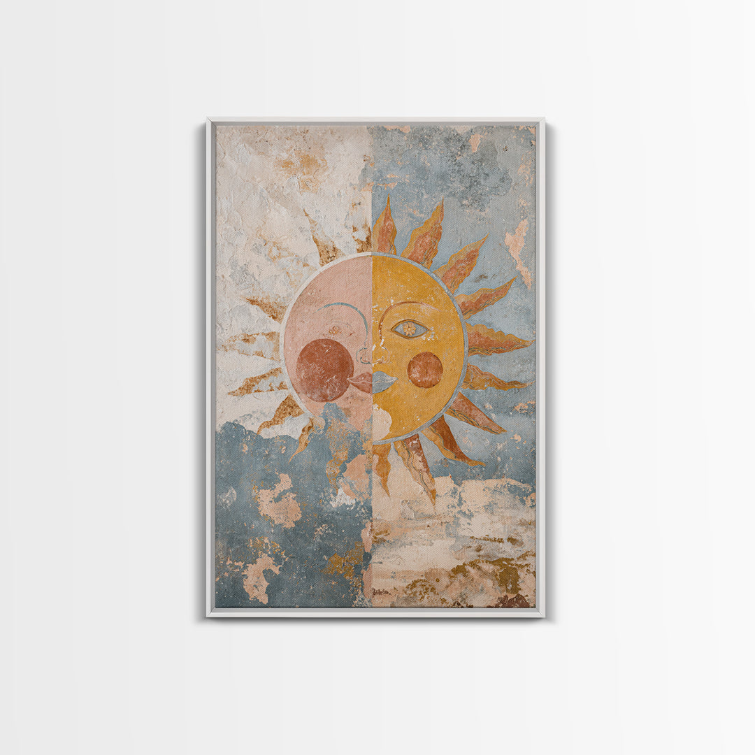 Sun and Moon Celestial Folk Motif Framed Canvas Print, Boho Art, Digital Print, Living Room Decor, Fine Art, Bohemian, BOH-2x3-90