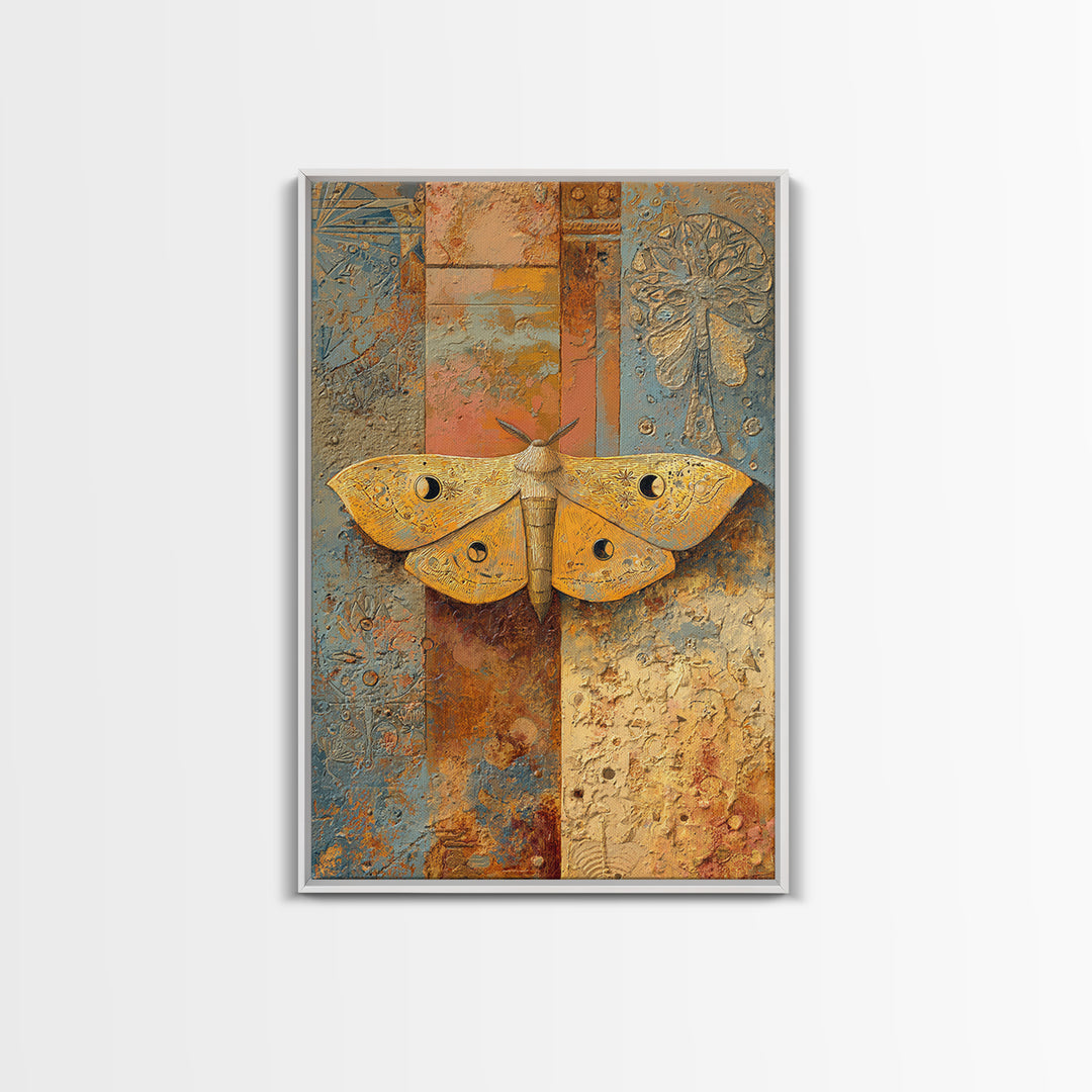 Golden Moth with Moon and Stars Framed Canvas Print, Boho Art, Living Room Wall Art, Living Room Decor, Fine Art, Bohemian, BOH-2x3-97