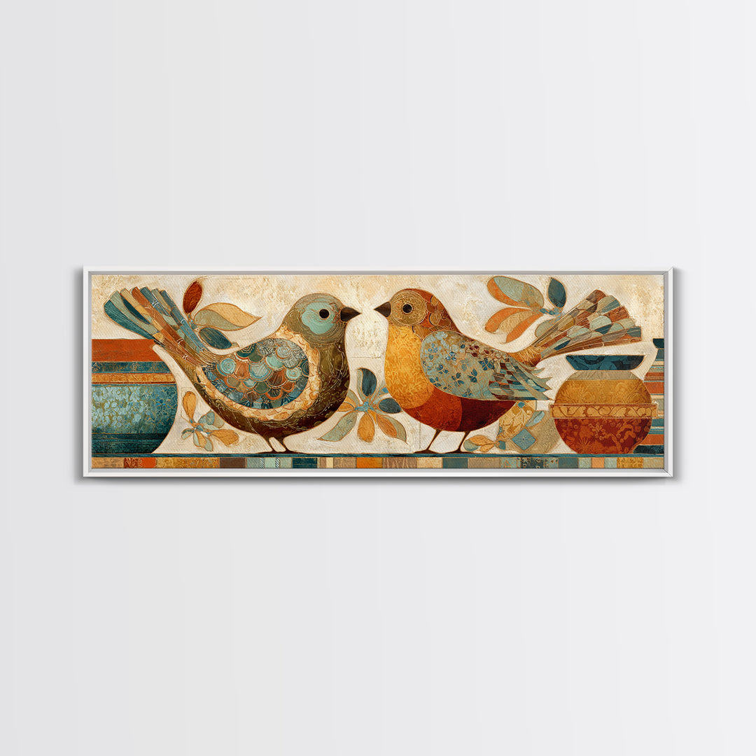 Boho Bird Pair Framed Canvas Print, Boho Art, Boho Decor, Living Room Decor, Fine Art, Bohemian, Textured Painting, BOH-3x1-12