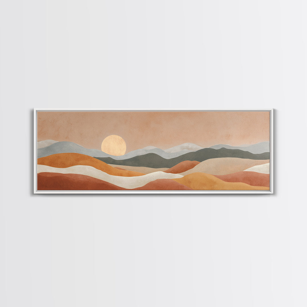 Sunrise over Rolling Dunes in Muted Peach Framed Canvas Print, Boho Art, Wall Art Set, Living Room Decor, Watercolor Art, BOH-3x1-37