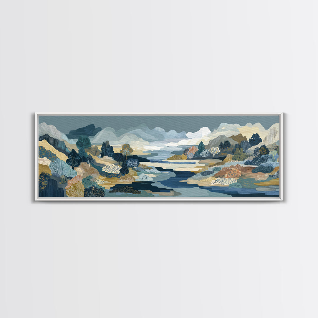 Earth Tone Mountain and River Abstraction Framed Canvas Print, Boho Art, Boho, Living Room Decor, Oil Painting, Bohemian, BOH-3x1-51