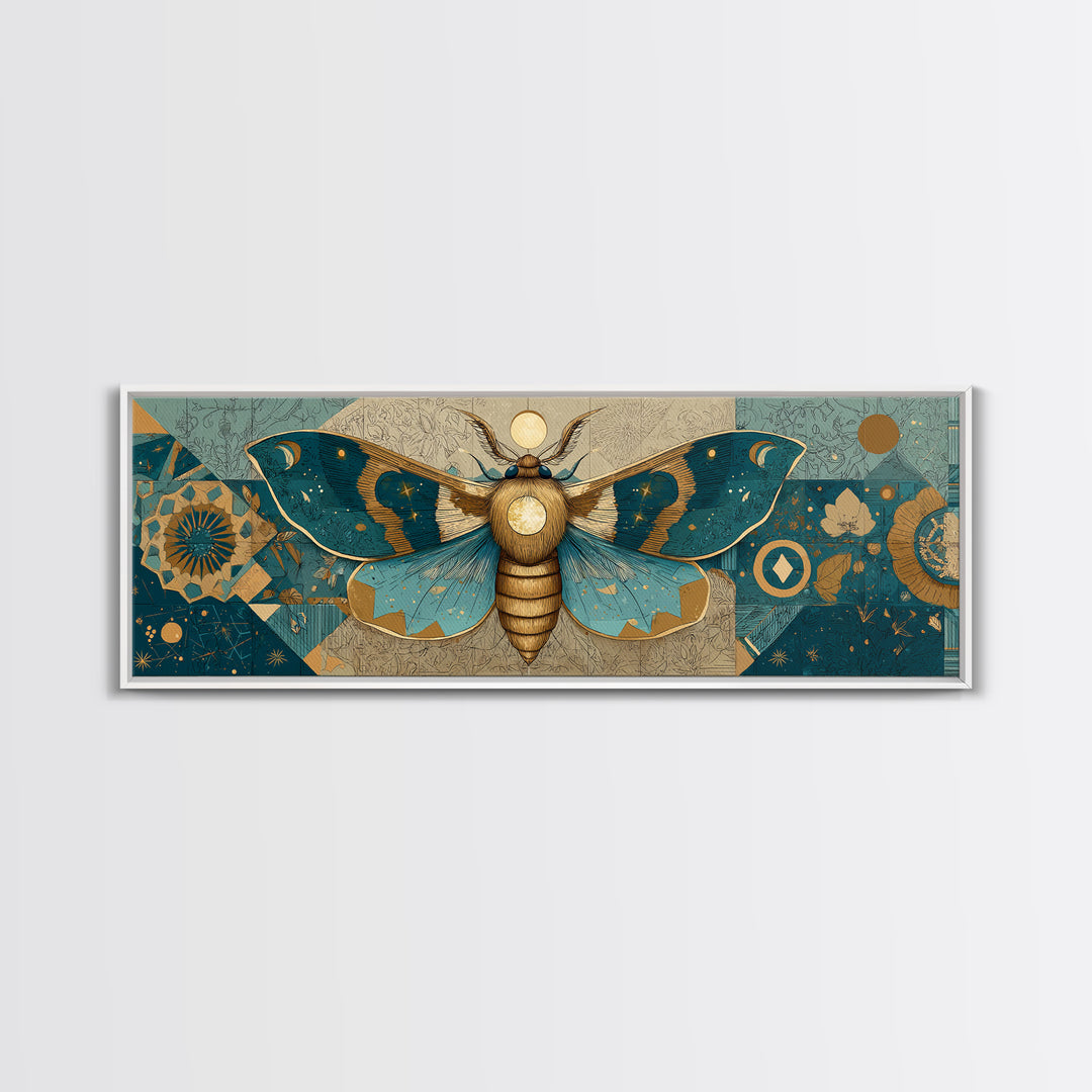 Golden Moth with Moon and Stars Framed Canvas Print, Boho Art, Statement Artwork, Living Room Decor, Fine Art, Bohemian, BOH-3x1-57