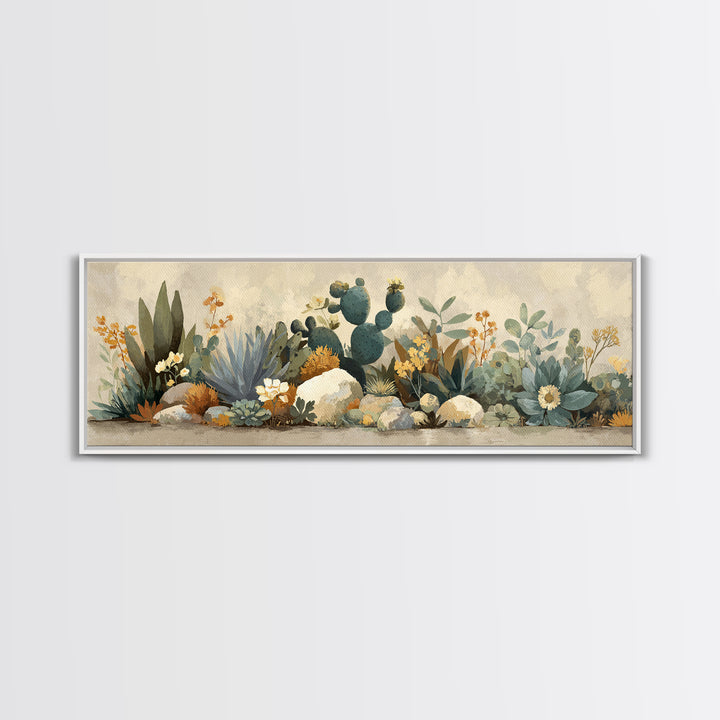 Warm Neutral Cactus Garden Illustration Framed Canvas Print, Boho Art, Boho Wall Art, Living Room Decor, Oil Painting, Bohemian, BOH-3x1-58