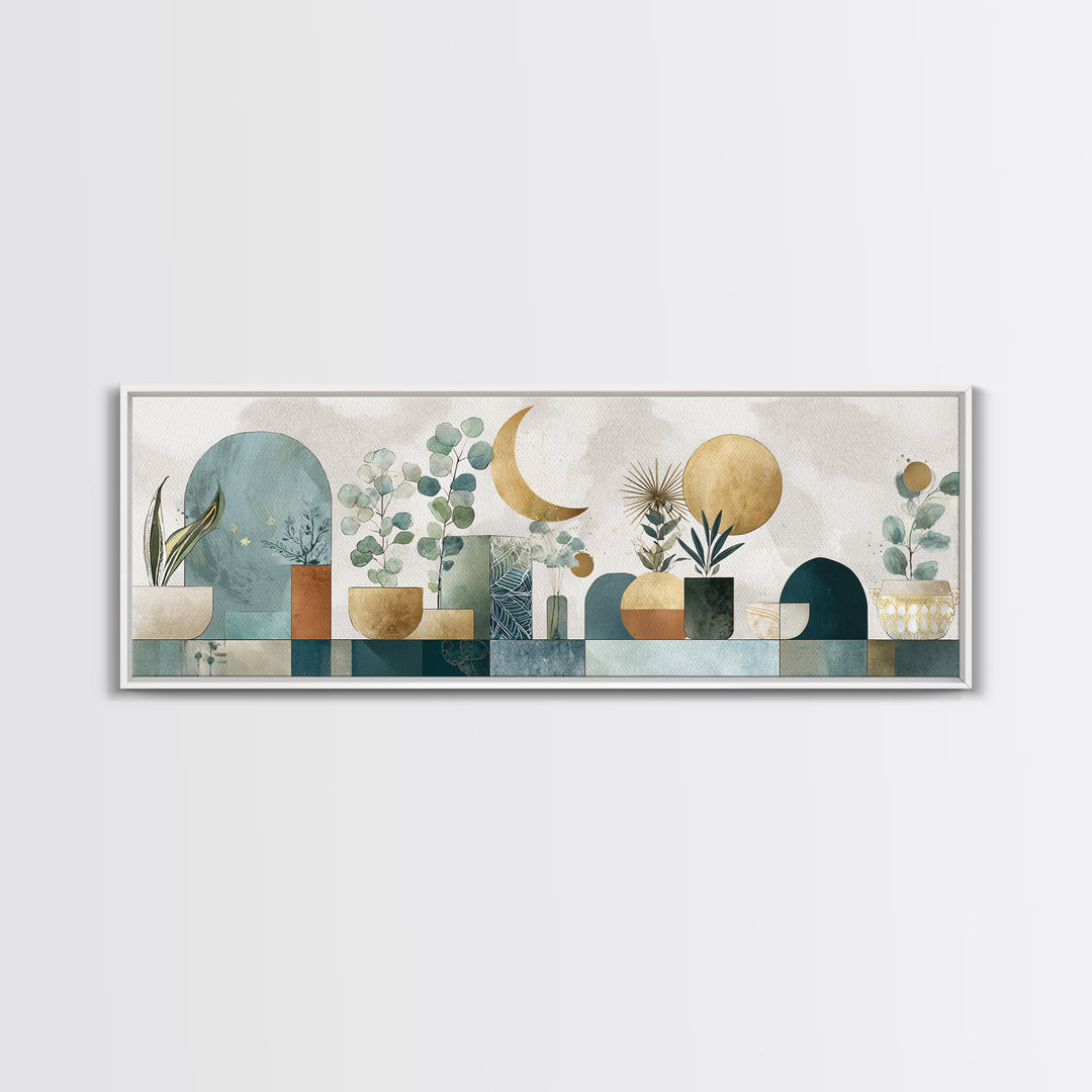 Sage Green Eucalyptus and Crescent Moon Framed Canvas Print, Boho Art, Wall Decor, Living Room Decor, Fine Art, Bohemian, BOH-3x1-63