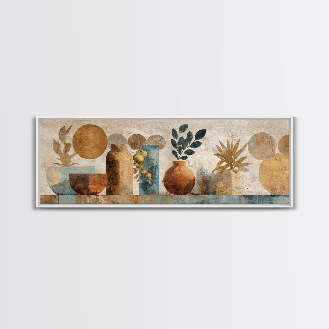 Moon Phases Above Botanical Silhouettes Canvas Print, Boho Art, Wall Art Print, Living Room Decor, Watercolor Art, Bohemian, BOH-3x1-66