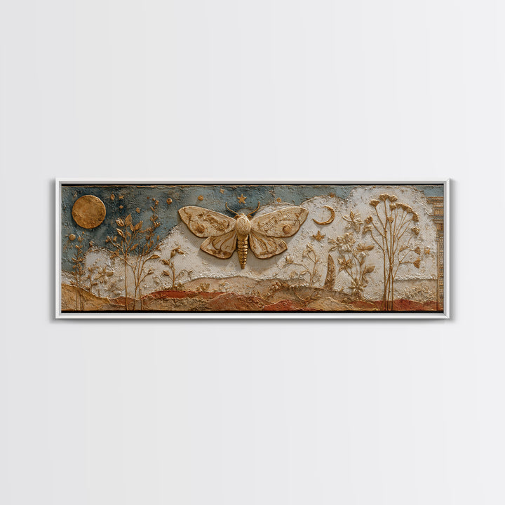Golden Moth with Moon and Stars Framed Canvas Print, Boho Art, Statement Artwork, Living Room Decor, Fine Art, Bohemian, BOH-3x1-81