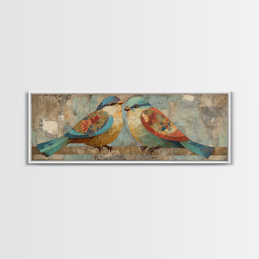Boho Bird Pair Framed Canvas Print, Boho Art, Digital Art, Living Room Decor, Bohemian, Printable Art, Abstract Wall Art, BOH-3x1-84