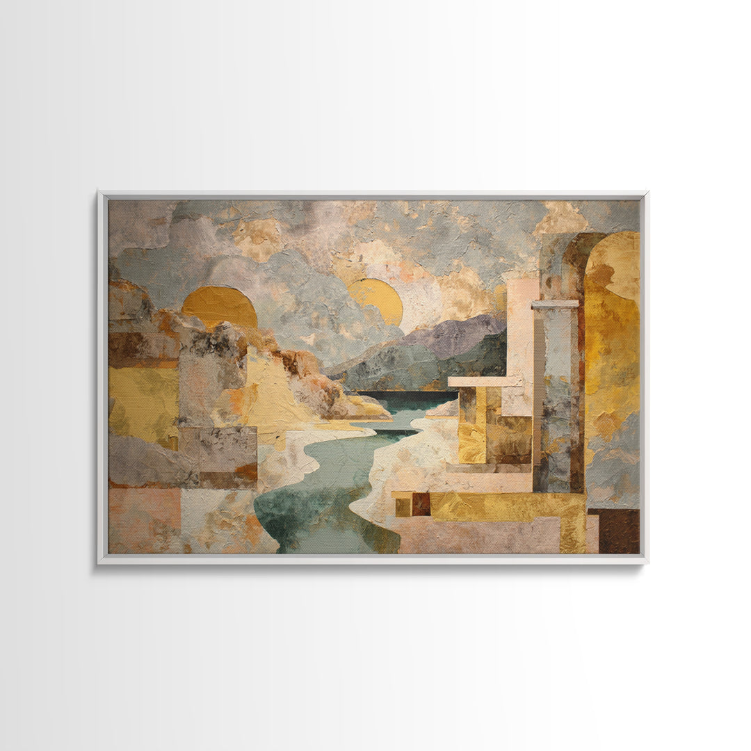 Earth Tone Mountain and River Abstraction Framed Canvas Print, Boho Art, Wall Art Set, Living Room Decor, Fine Art, Bohemian, BOH-3x2-15