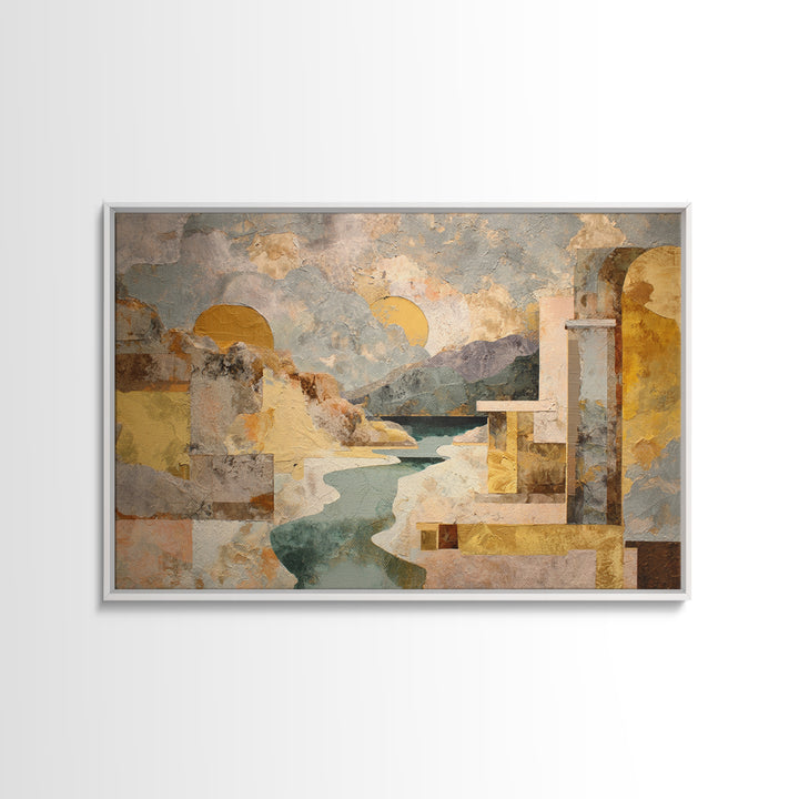 Earth Tone Mountain and River Abstraction Framed Canvas Print, Boho Art, Wall Art Set, Living Room Decor, Fine Art, Bohemian, BOH-3x2-15
