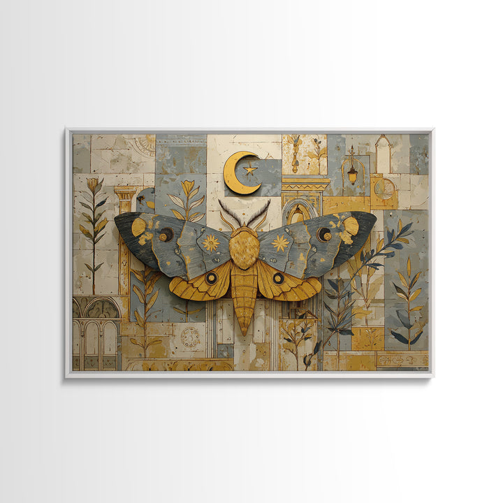 Golden Moth with Moon and Stars Canvas Print, Boho Art, Modern Decor, Living Room Decor, Fine Art, Bohemian, Wall Decor, BOH-3x2-21