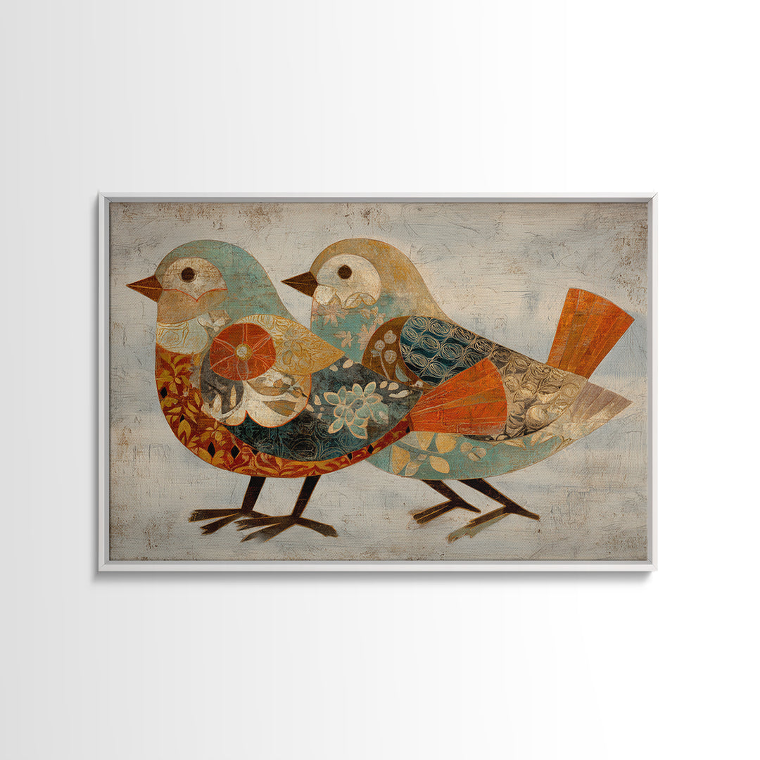 Boho Bird Pair Framed Canvas Print, Boho Art, Statement Artwork, Living Room Decor, Fine Art, Bohemian, Art Prints, Digital Art, BOH-3x2-24
