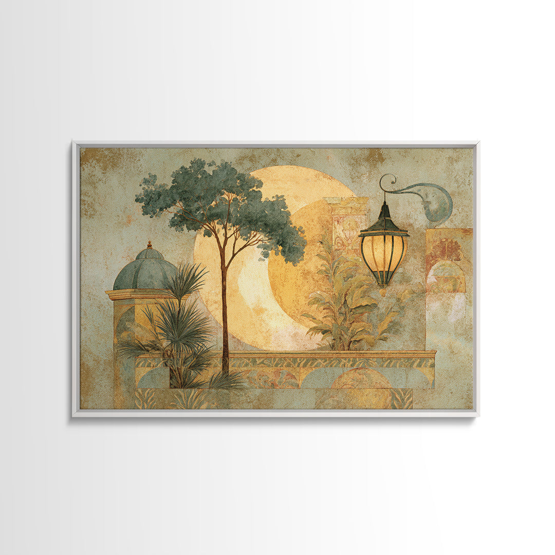 Sage Green Eucalyptus and Crescent Moon Framed Canvas Print, Boho Art, Wall Art, Living Room Decor, Fine Art, Bohemian, BOH-3x2-27