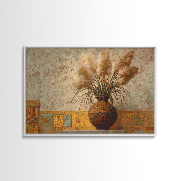 Bohemian Vase with Dried Pampas Grass Canvas Print, Boho Art, Luxury Decor, Living Room Decor, Oil Painting, Bohemian, BOH-3x2-37